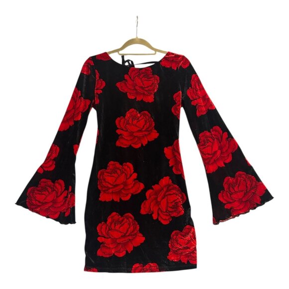 Sexy Velvet Rose Backless Mini Dress | Bell Sleeves | Thirty Thirty | Size M - Picture 2 of 4